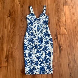 Blue China print midi dress.
